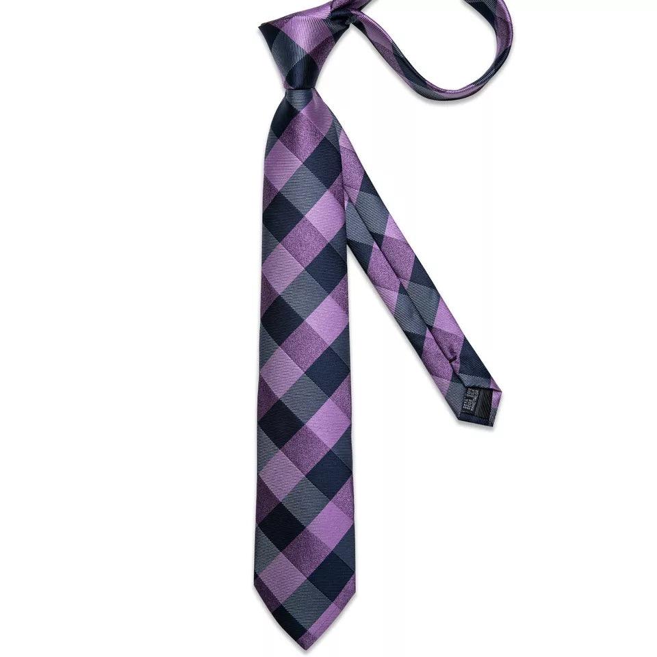 Purple Navy Blue Plaid Silk Tie Pocket Square Cufflink Set - STYLETIE