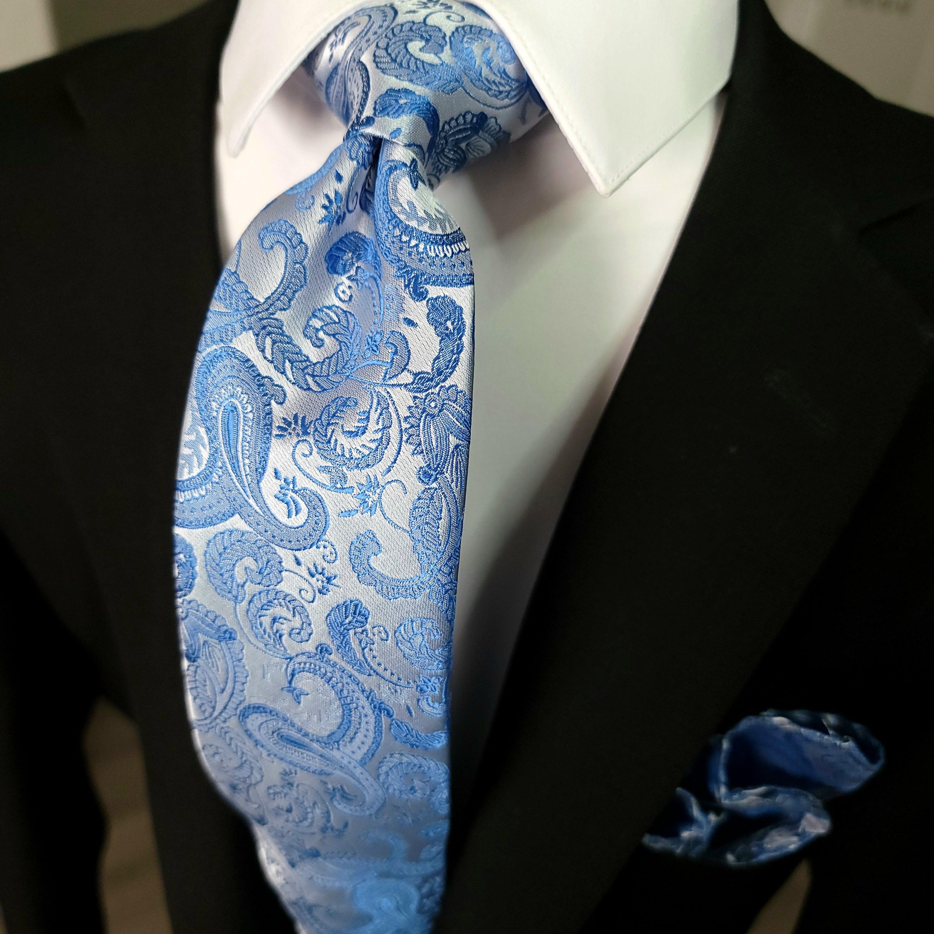 Light Blue Floral Paisley Silk Tie Pocket Square Cufflink Set - STYLETIE