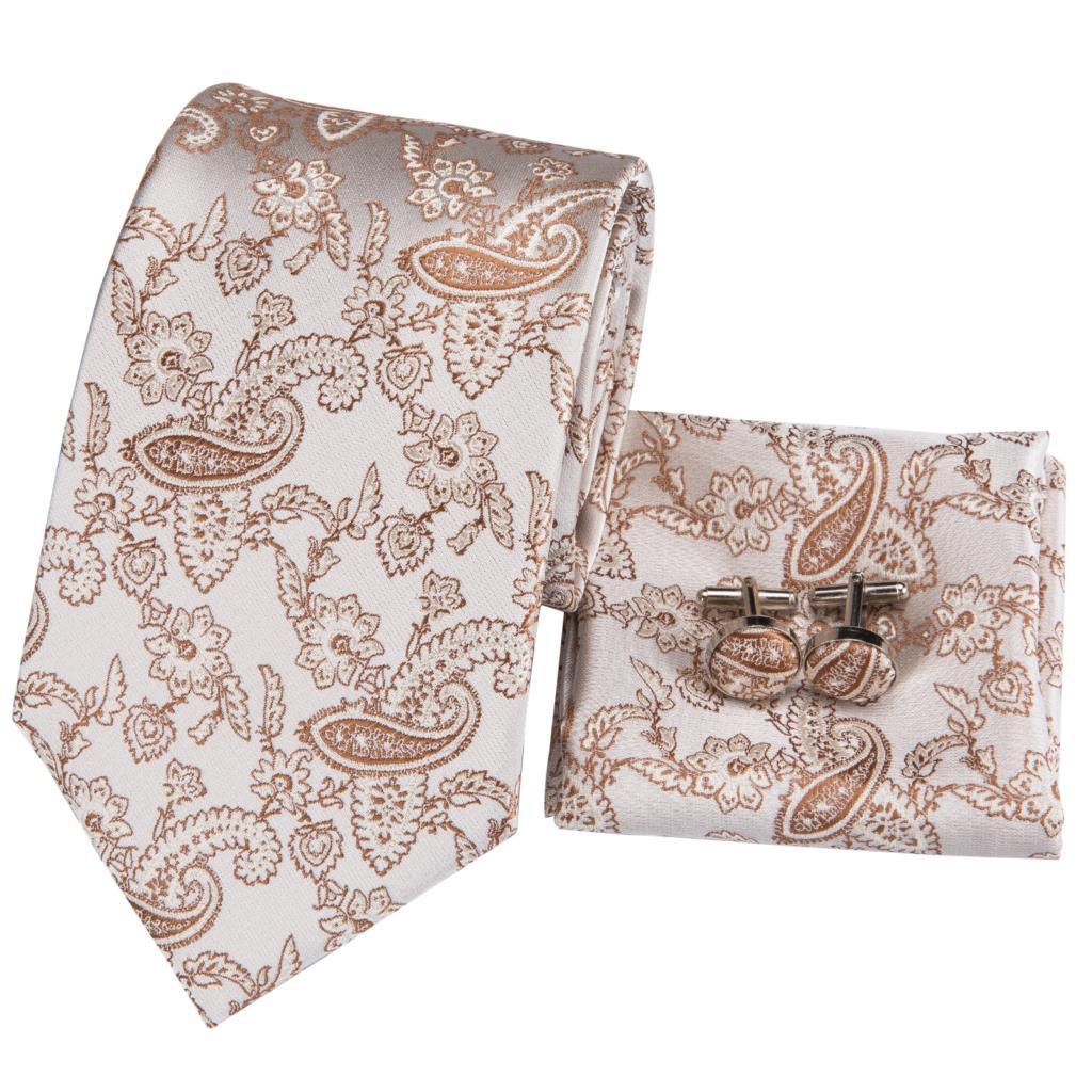 Light Brown Luxury Paisley Silk Tie Pocket Square Cufflink Set - STYLETIE