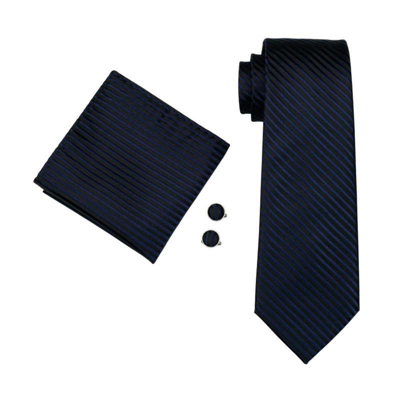 Navy Blue & Black Striped Silk Tie Pocket Square & Cufflinks Set - STYLETIE