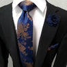 Navy Blue Brown Floral Silk Tie Pocket Square Cufflink Set - STYLETIE