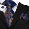 Navy Blue Brown Floral Silk Tie Pocket Square Cufflink Set - STYLETIE
