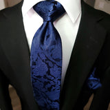 Navy Blue Floral Pattern Silk Tie Pocket Square Cufflink Set