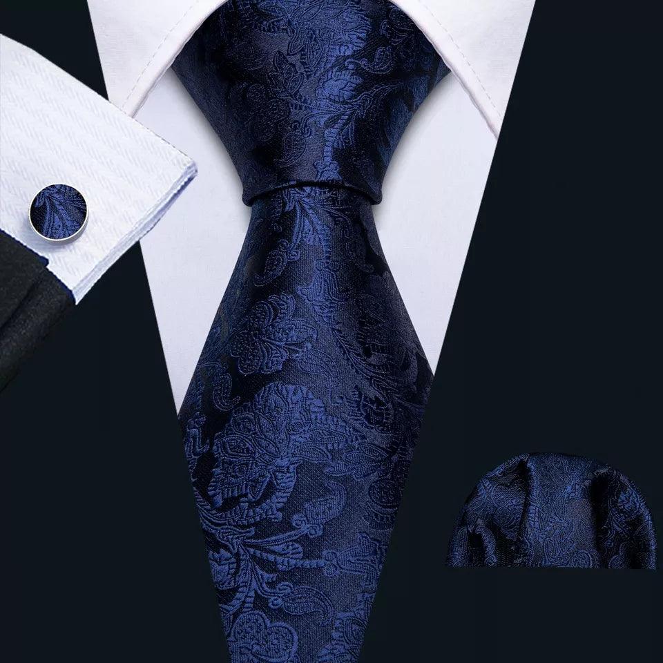Navy Blue Floral Pattern Silk Tie Pocket Square Cufflink Set - STYLETIE
