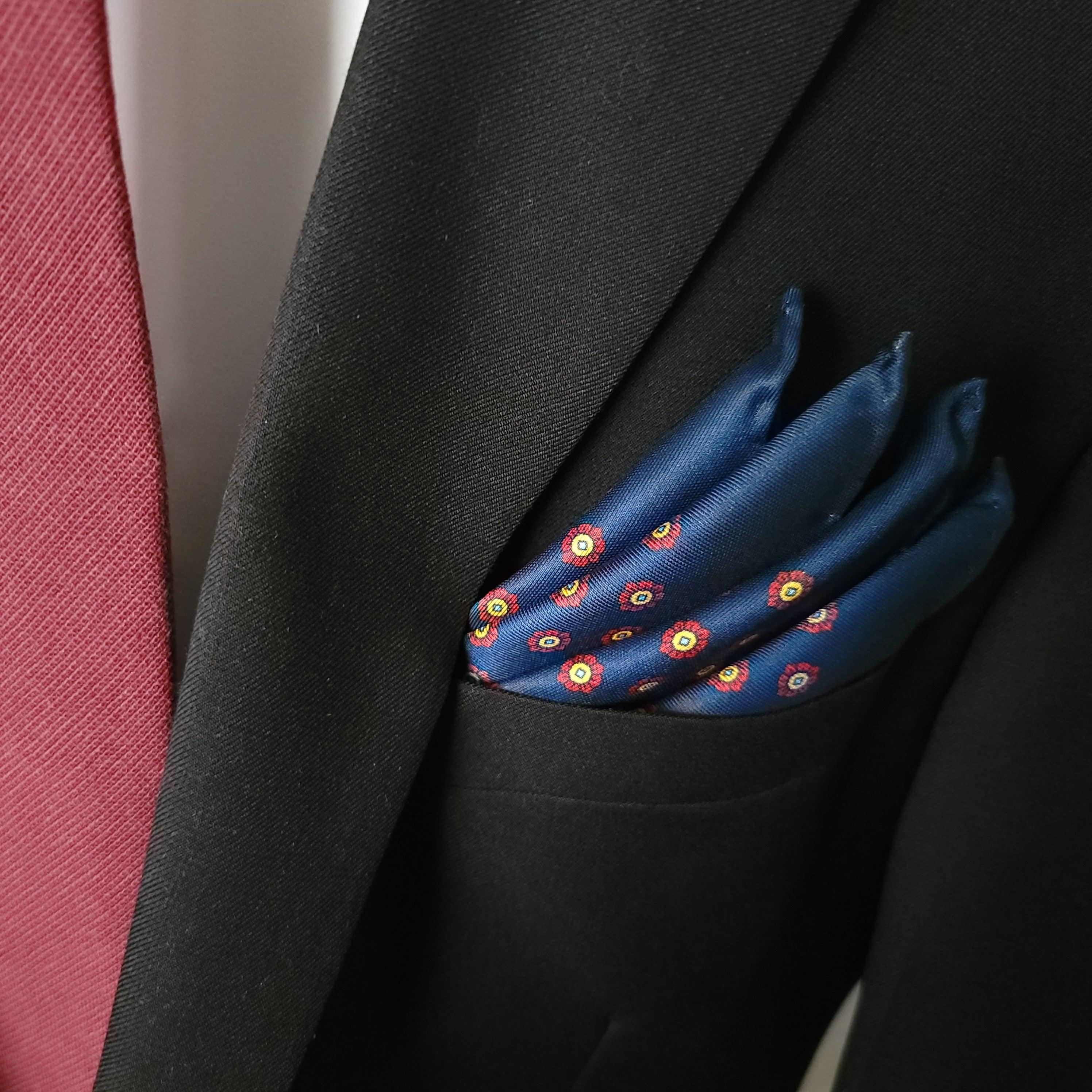 Navy Blue Floral Red Stylish and Elegant Silk Pocket Square - STYLETIE