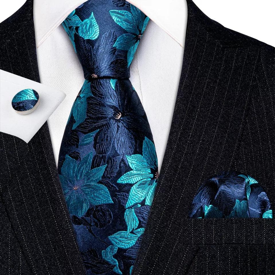 Navy Blue Floral Silk Tie Pocket Square Cufflink Set - STYLETIE