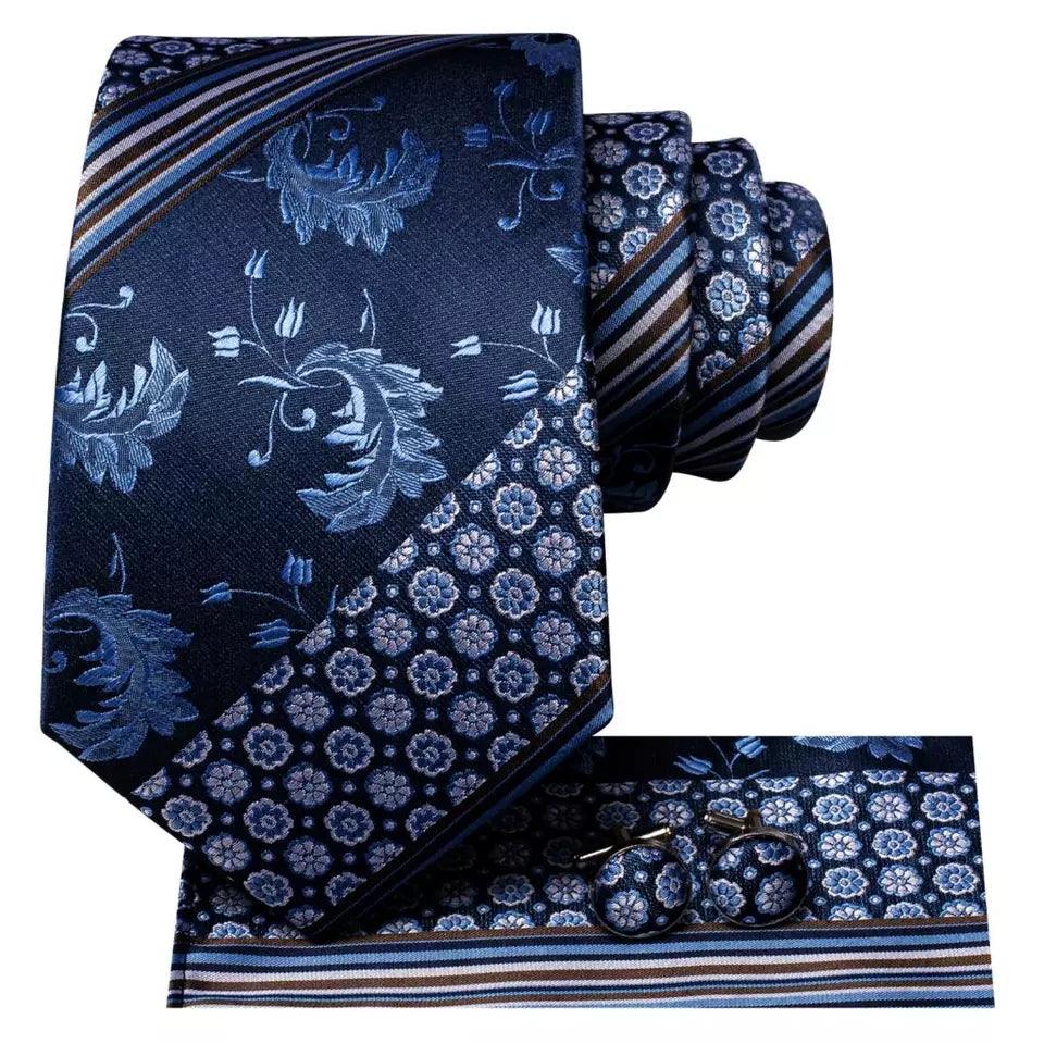 Navy Blue Floral Stripe Silk Tie Pocket Square Cufflink Set - STYLETIE