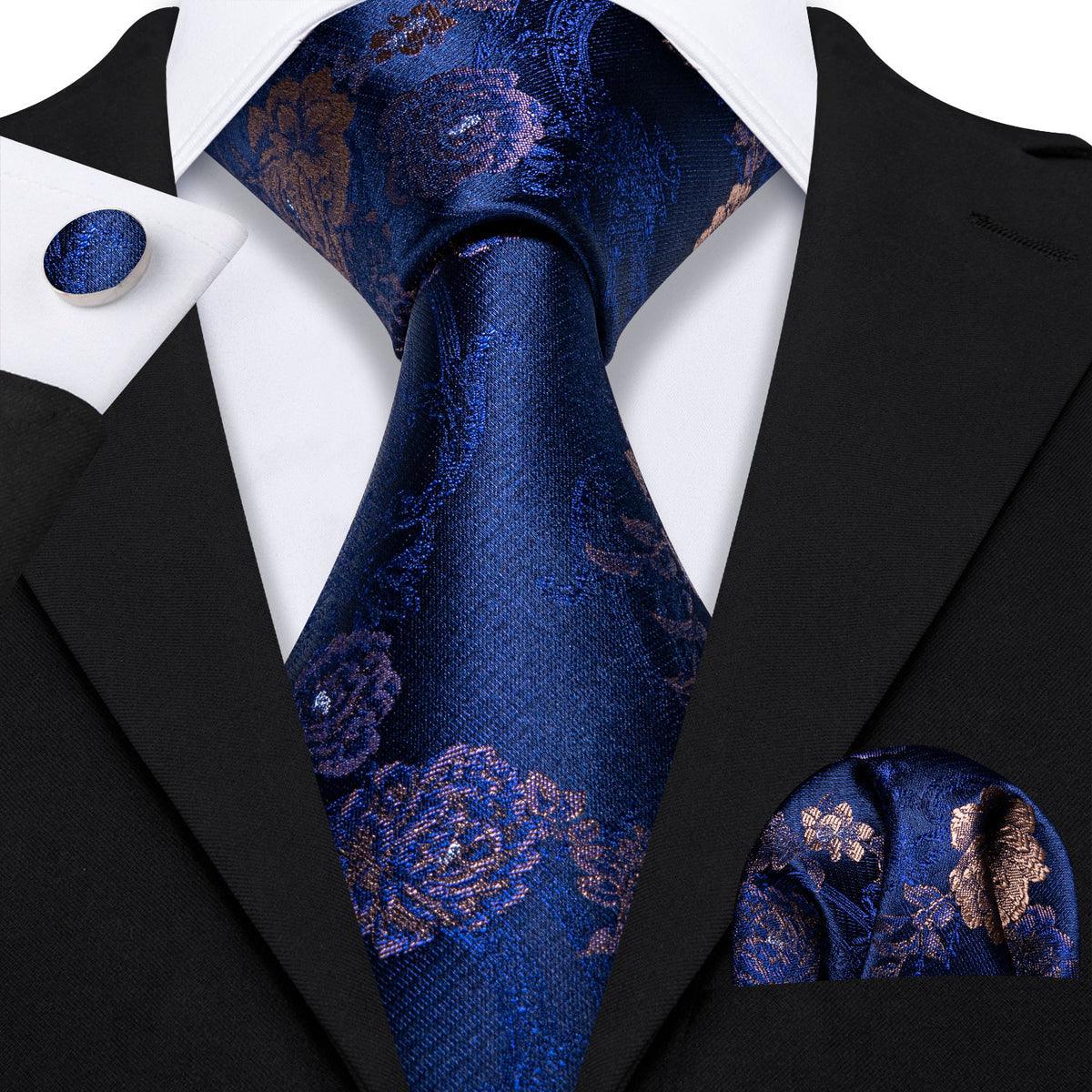 Navy Blue Gold Floral Silk Tie Pocket Square Cufflink Set - STYLETIE