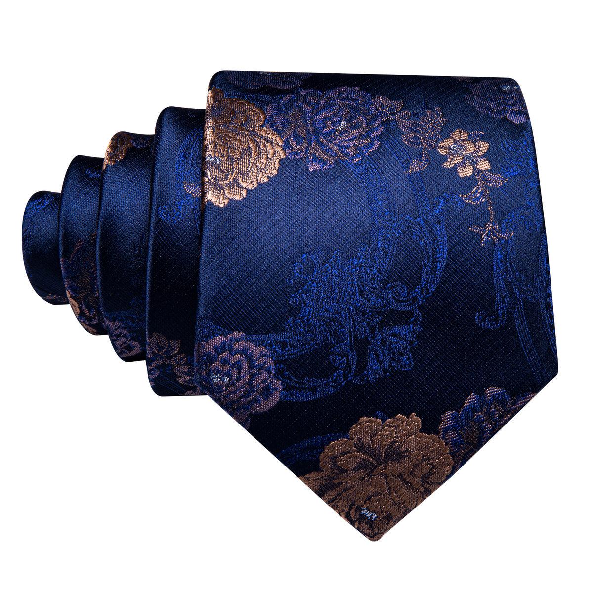 Navy Blue Gold Floral Silk Tie Pocket Square Cufflink Set - STYLETIE