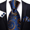 Navy Blue Gold Paisley Silk Tie Pocket Square Cufflinks Set - STYLETIE