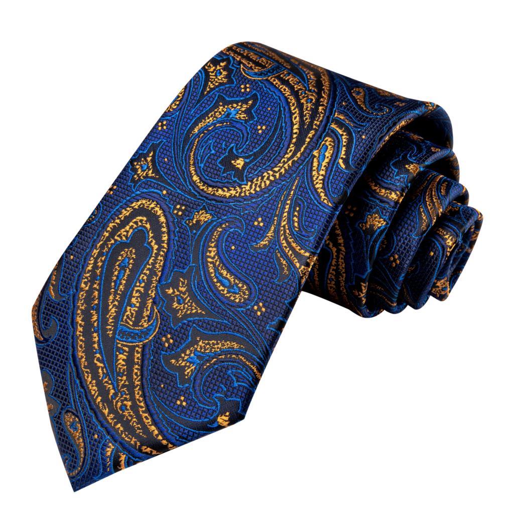 Navy Blue Gold Paisley Silk Tie Pocket Square Cufflinks Set - STYLETIE