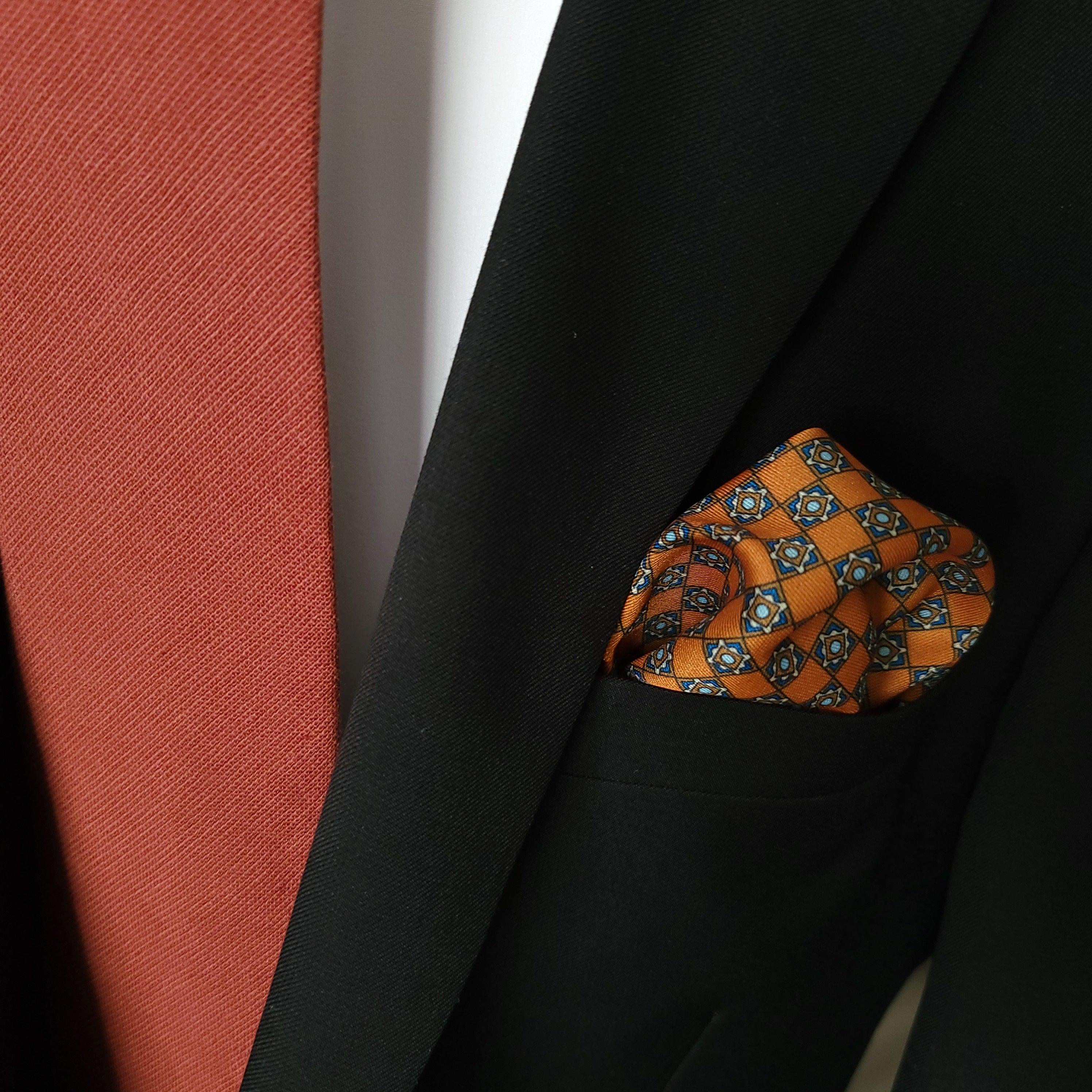 Navy Blue Honey Orange Stylish and Elegant Silk Pocket Square - STYLETIE