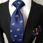 Navy Blue Horse Silk Tie Pocket Square Cufflink Set - STYLETIE