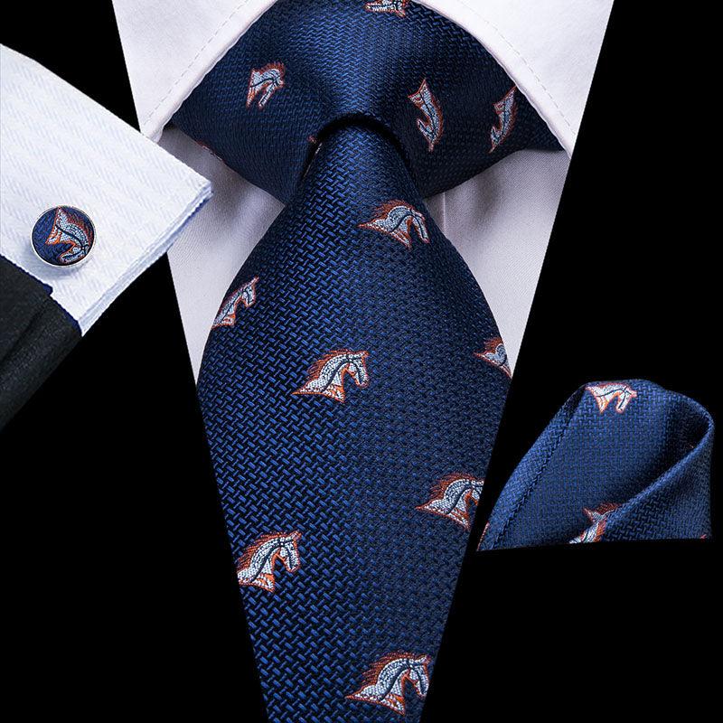 Navy Blue Horse Silk Tie Pocket Square Cufflink Set - STYLETIE