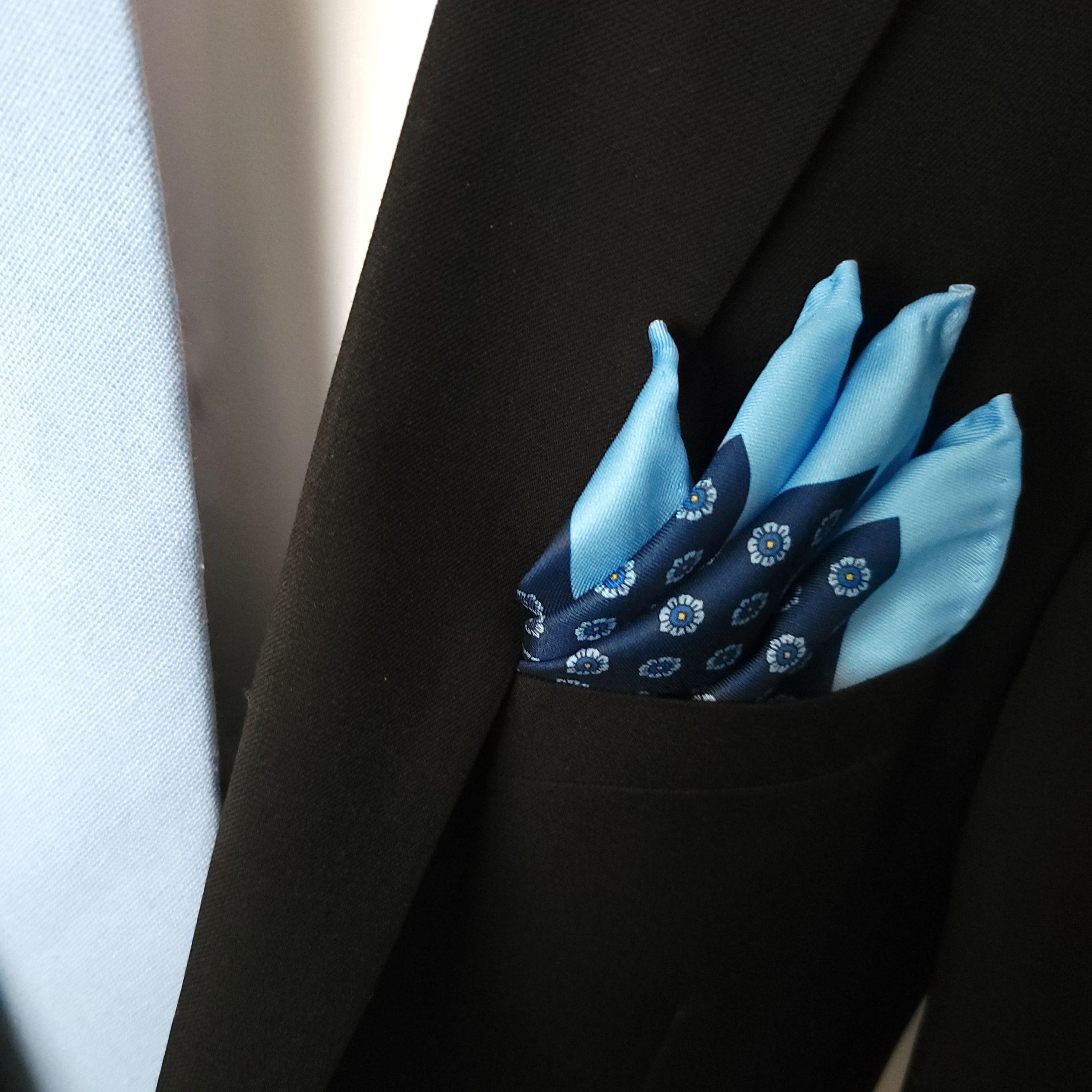 Navy Blue Light Blue Floral Dot Stylish and Elegant Silk Pocket Square - STYLETIE