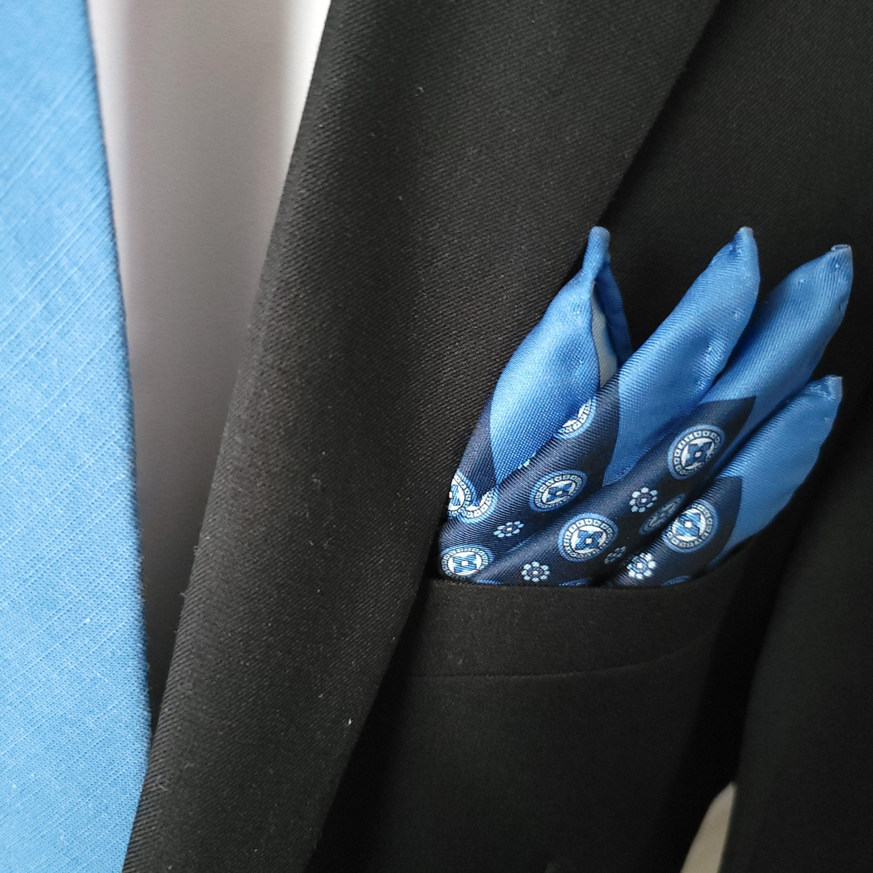 Navy Blue Light Blue Floral Stylish and Elegant Silk Pocket Square - STYLETIE