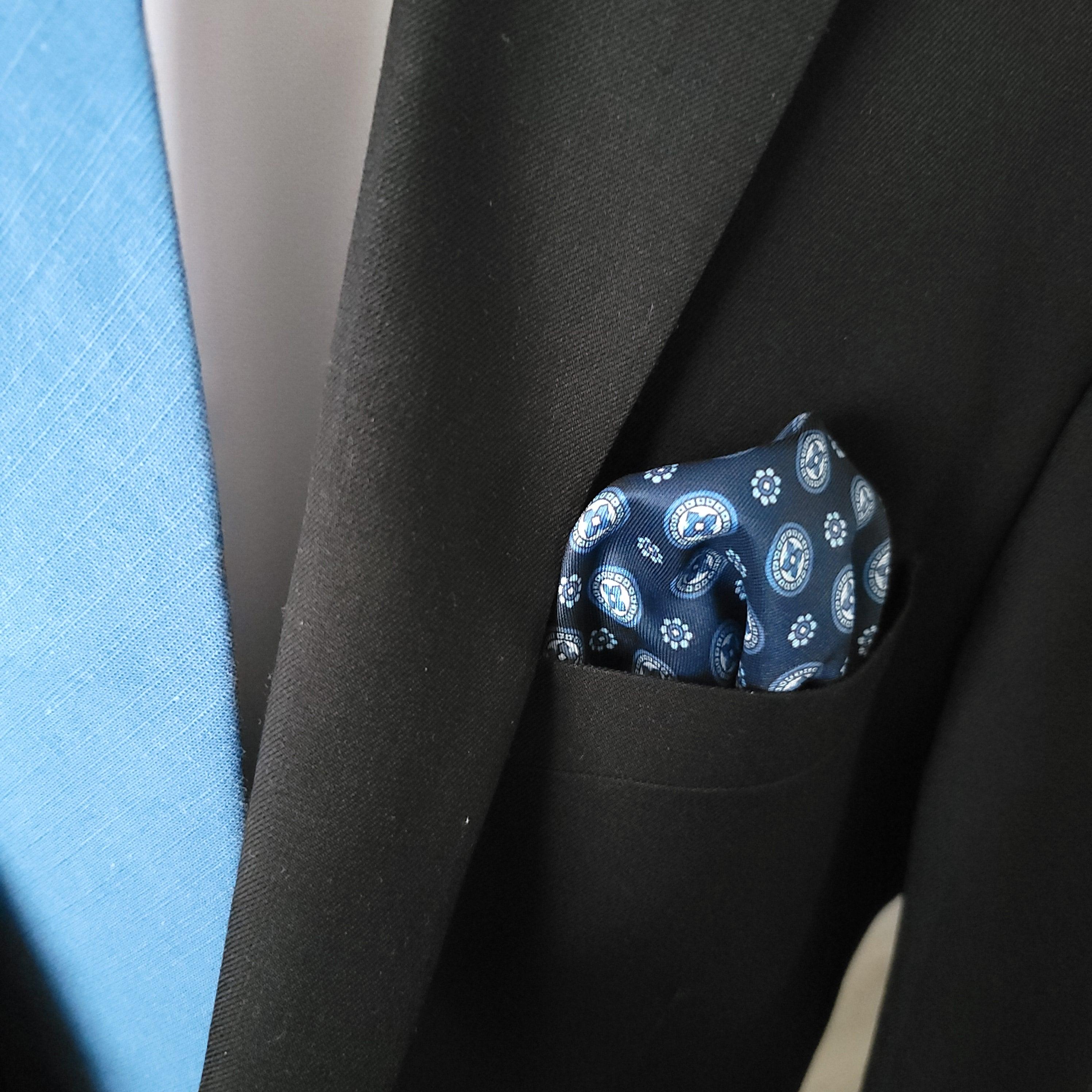 Navy Blue Light Blue Floral Stylish and Elegant Silk Pocket Square - STYLETIE