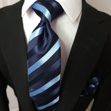 Navy Blue Light Blue Stripe Silk Tie Pocket Square Cufflink Set