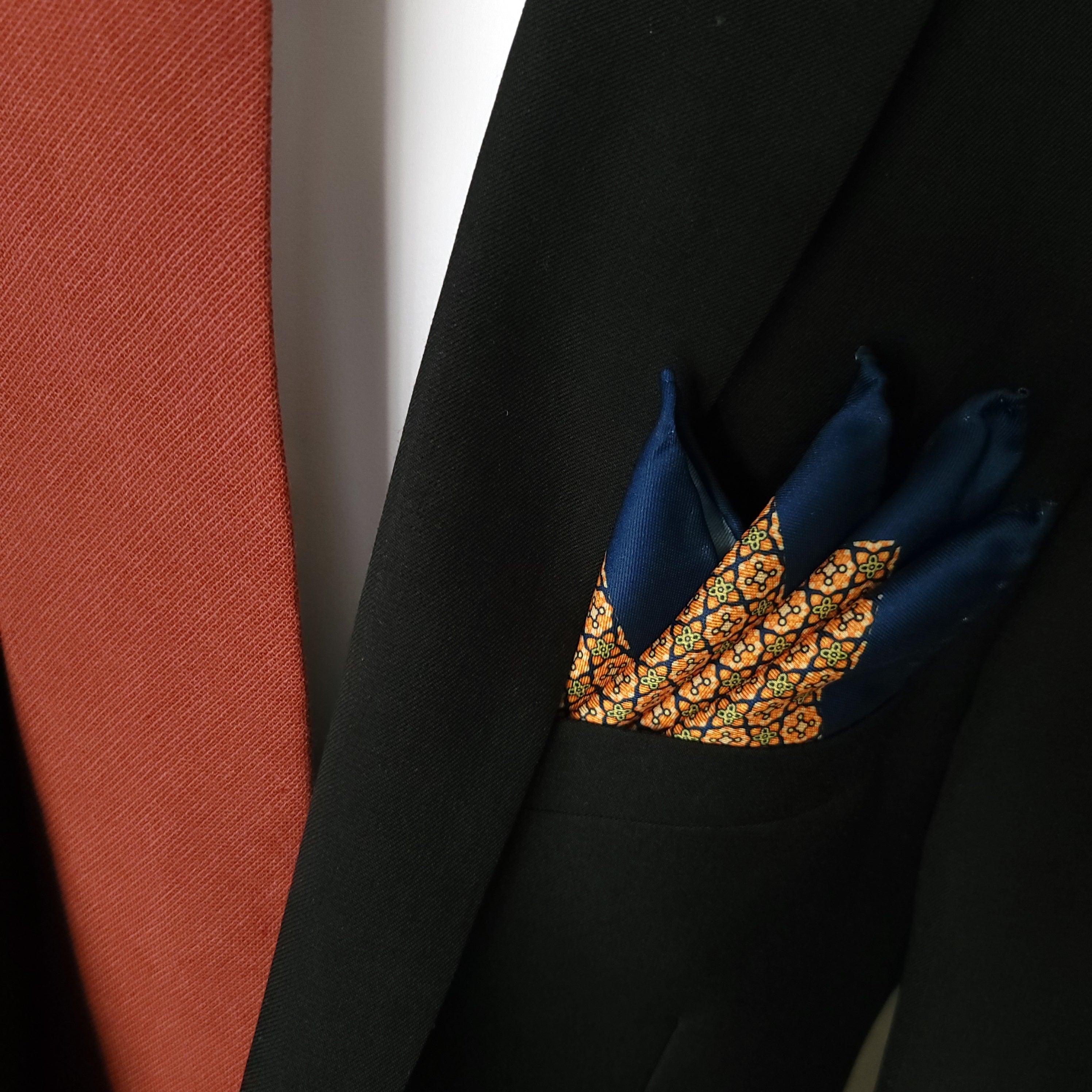 Navy Blue Orange Dot Stylish and Elegant Silk Pocket Square - STYLETIE