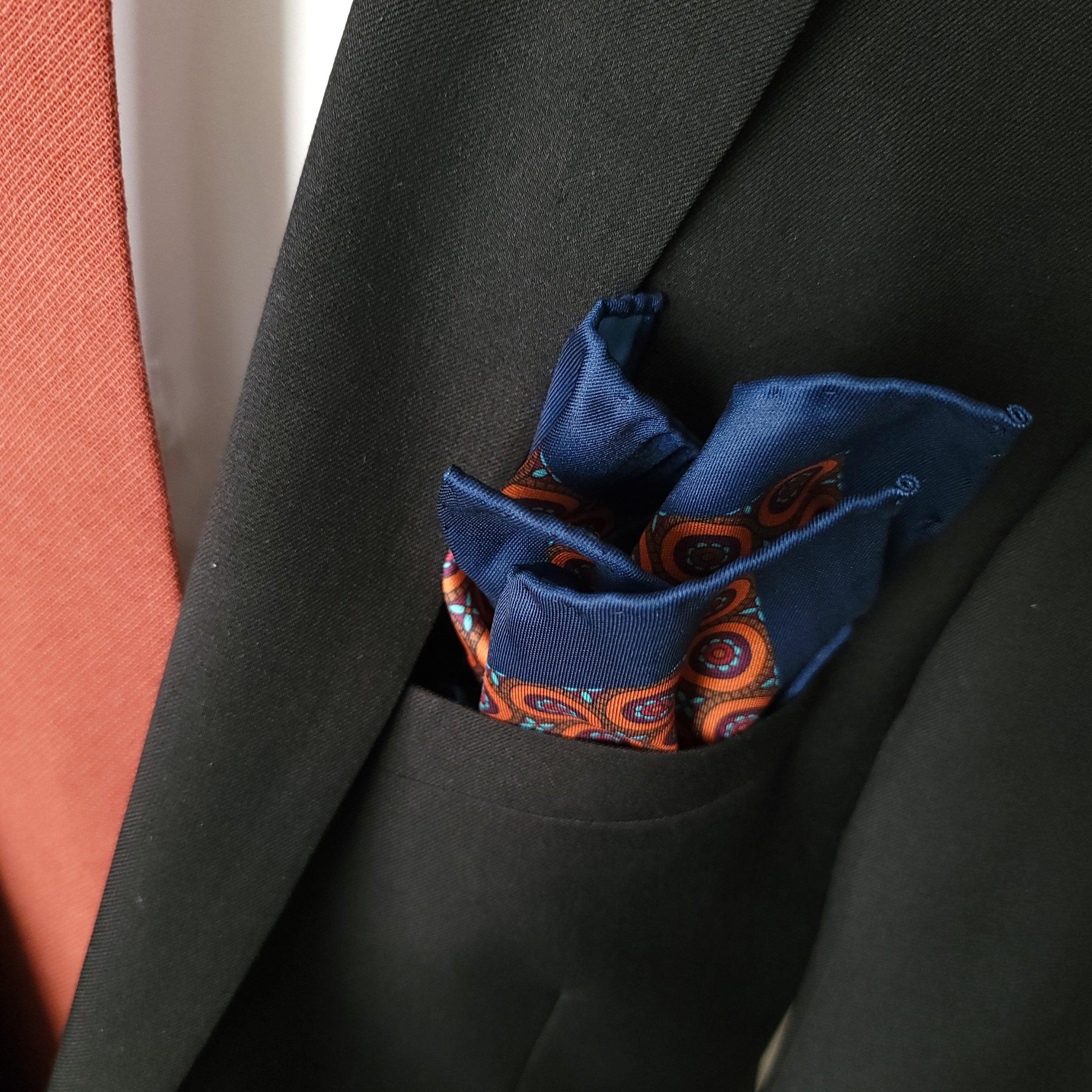 Navy Blue Orange Polka Dot Stylish and Elegant Silk Pocket Square - STYLETIE