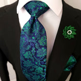 Navy Blue Peacock Green Floral Silk Tie Pocket Square Cufflink Set