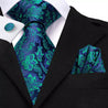 Navy Blue Peacock Green Floral Silk Tie Pocket Square Cufflink Set - STYLETIE