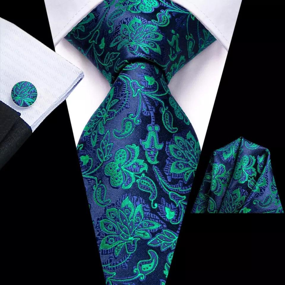 Navy Blue Peacock Green Floral Silk Tie Pocket Square Cufflink Set - STYLETIE