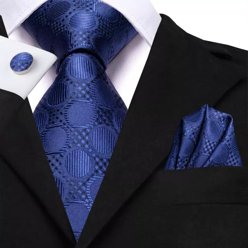 Navy Blue Polka Dot Pattern Silk Tie Pocket Square Cufflink Set - STYLETIE