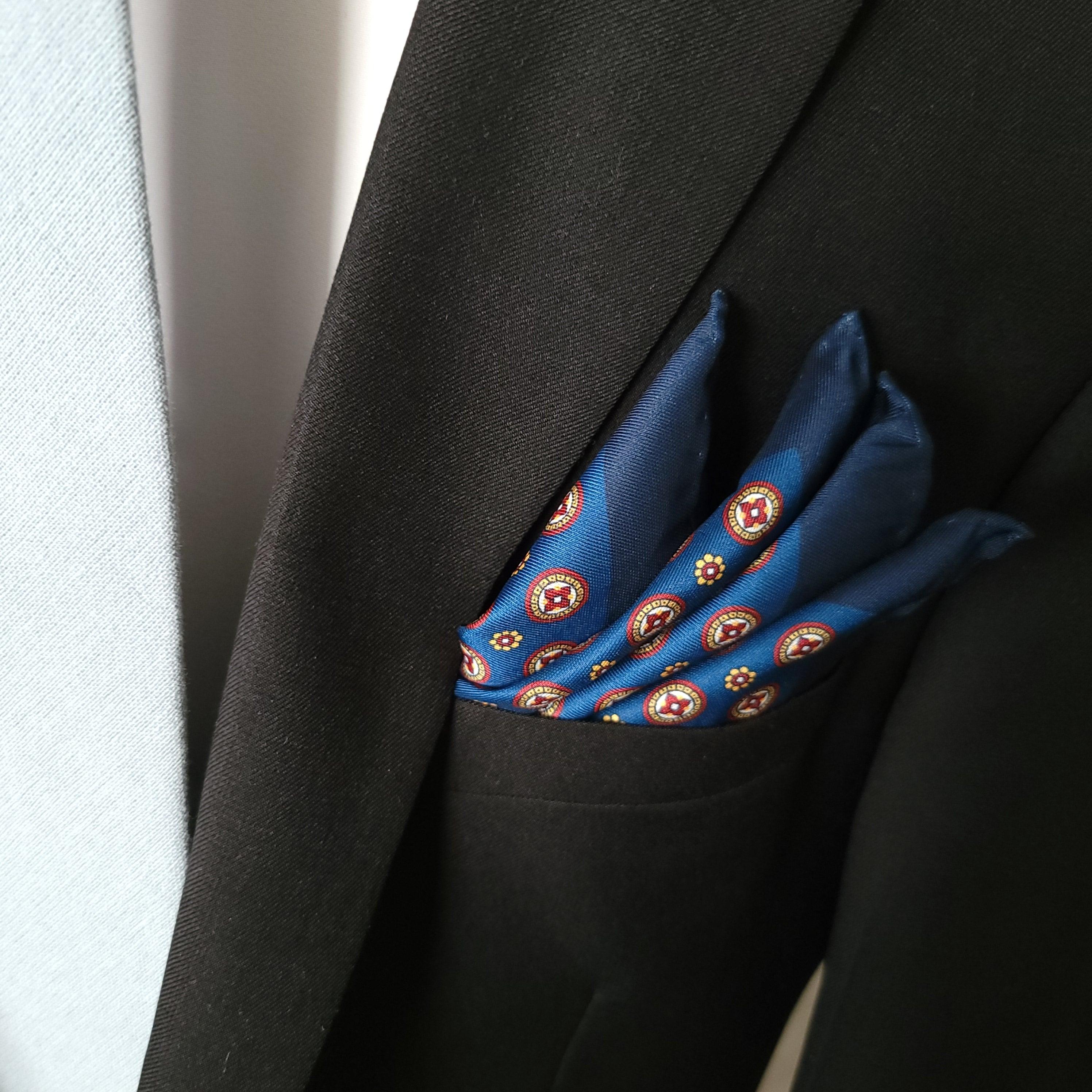 Navy Blue Red Floral Polka Dot Stylish and Elegant Silk Pocket Square - STYLETIE