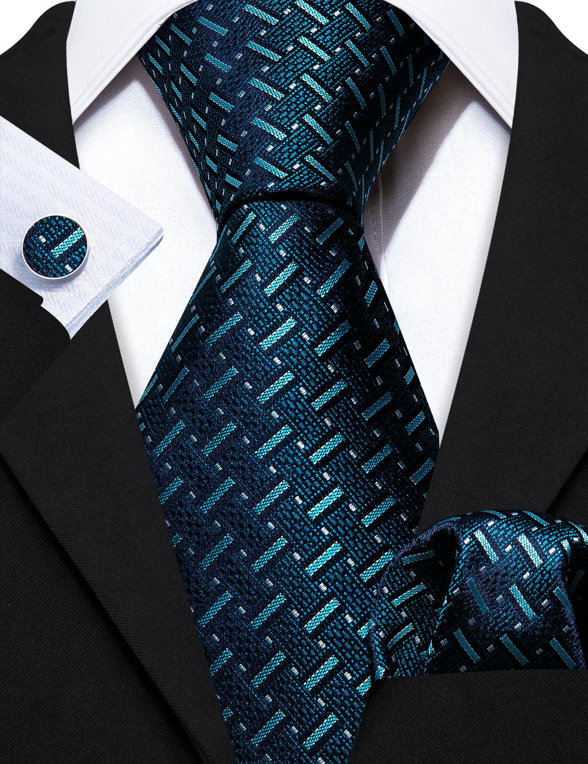 Navy Blue Stripe Silk Tie Pocket Square Cufflink Set - STYLETIE