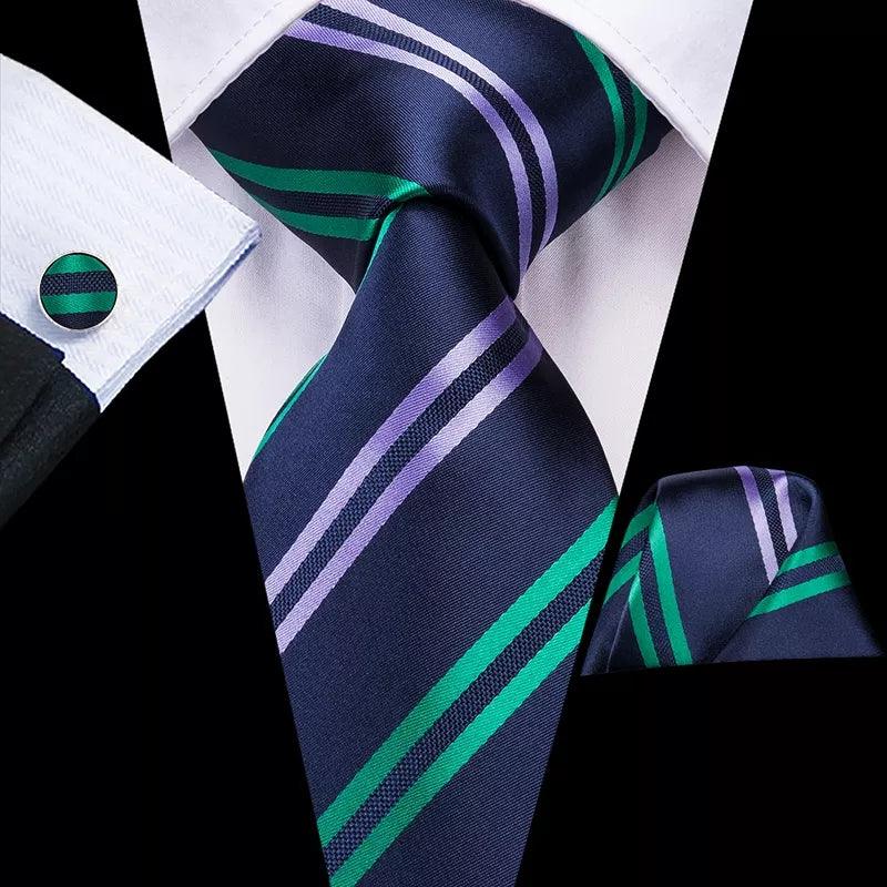Navy Blue Striped Silk Tie Pocket Square Cufflink Set - STYLETIE
