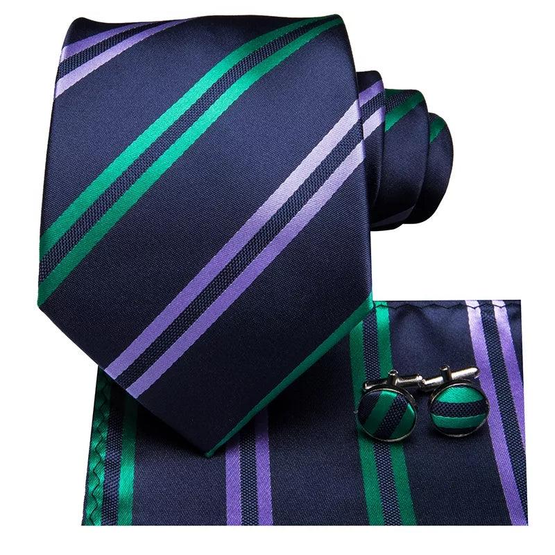 Navy Blue Striped Silk Tie Pocket Square Cufflink Set - STYLETIE