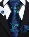 Navy Blue Teal Floral Silk Tie Pocket Square Cufflink Set - STYLETIE