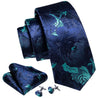 Navy Blue Teal Floral Silk Tie Pocket Square Cufflink Set - STYLETIE