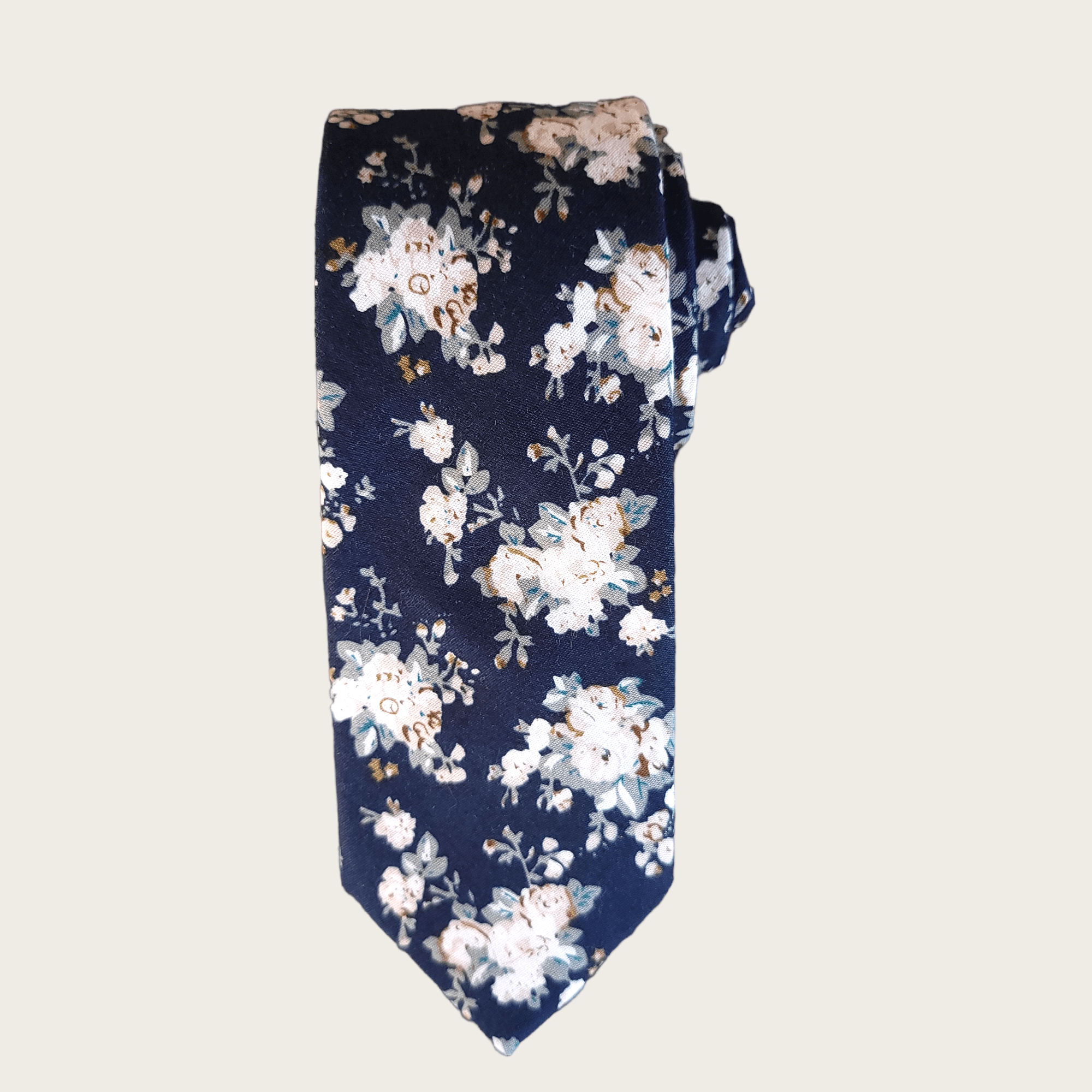 Navy Blue White Floral Slim Tie Pocket Square Set - STYLETIE
