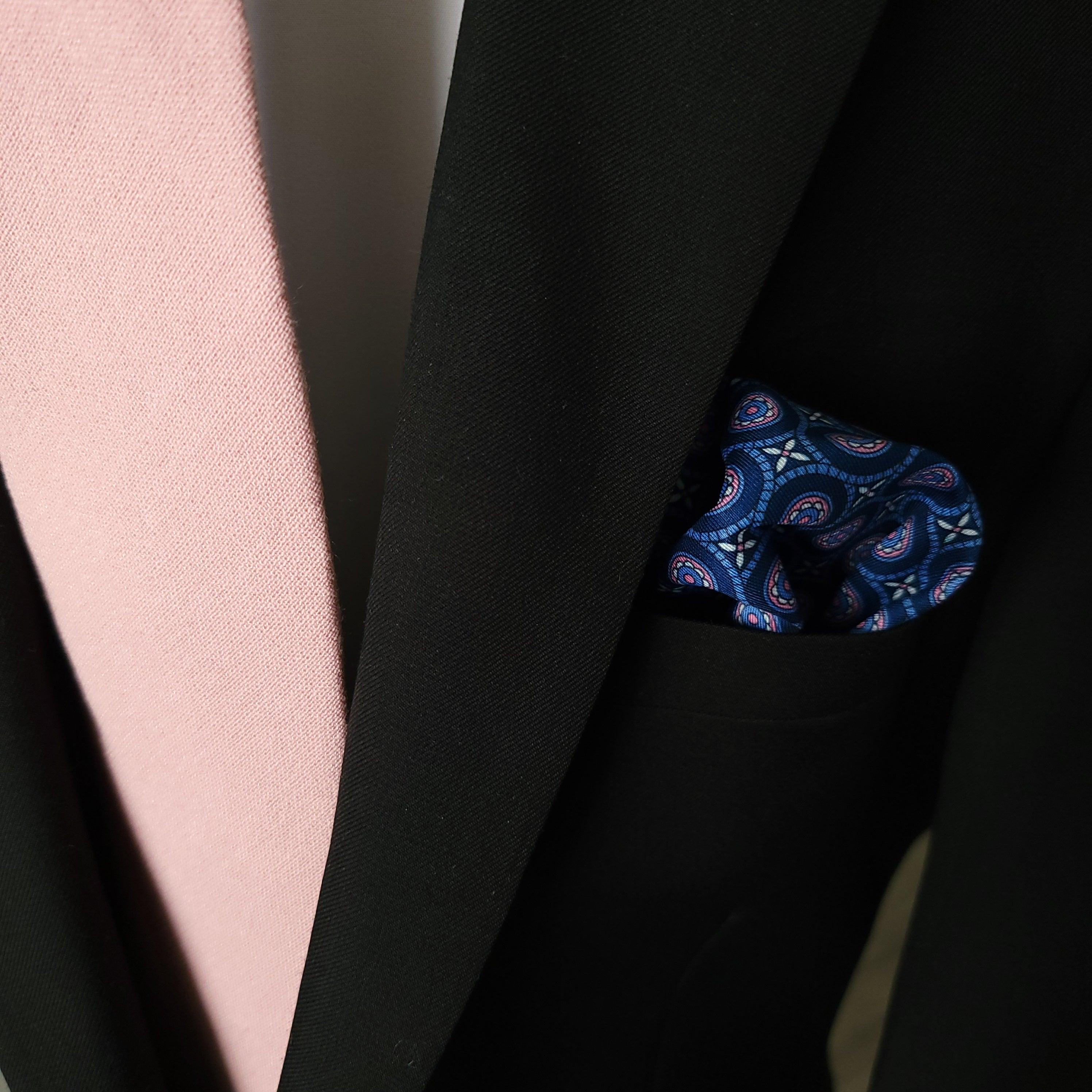 Navy Blue White Pink Dot Stylish and Elegant Silk Pocket Square - STYLETIE