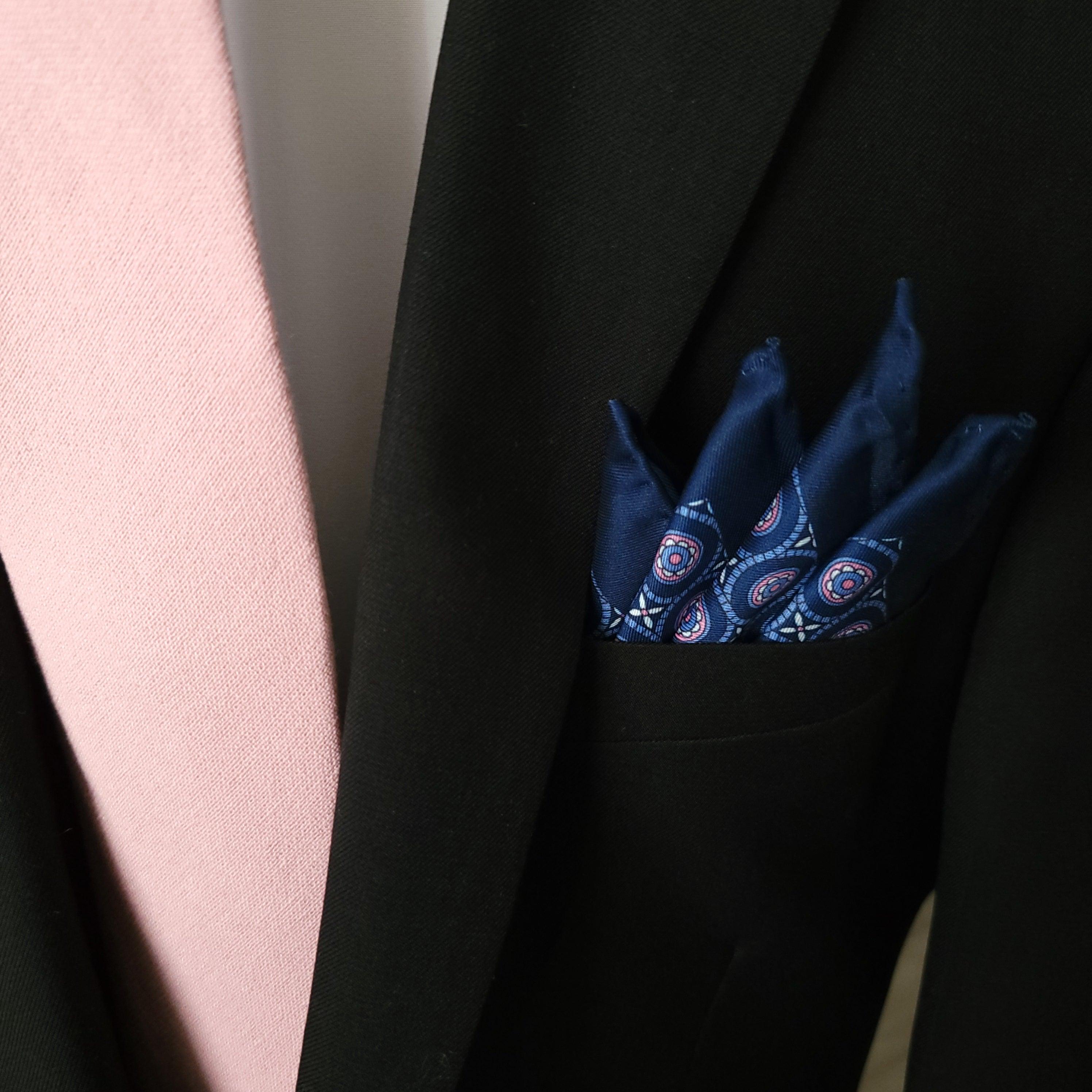 Navy Blue White Pink Dot Stylish and Elegant Silk Pocket Square - STYLETIE