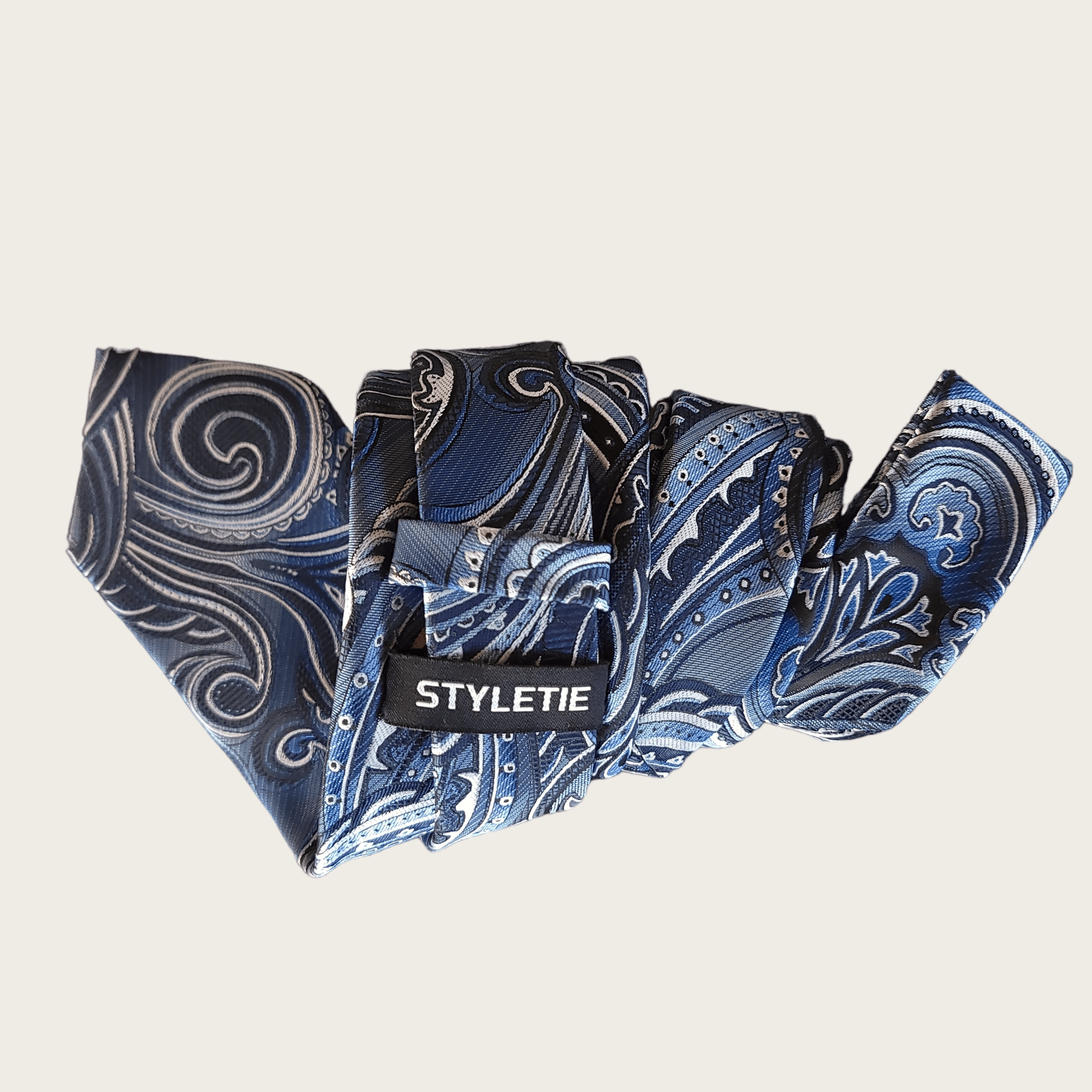 Navy Blue White Silk Tie Pocket Square Set - STYLETIE