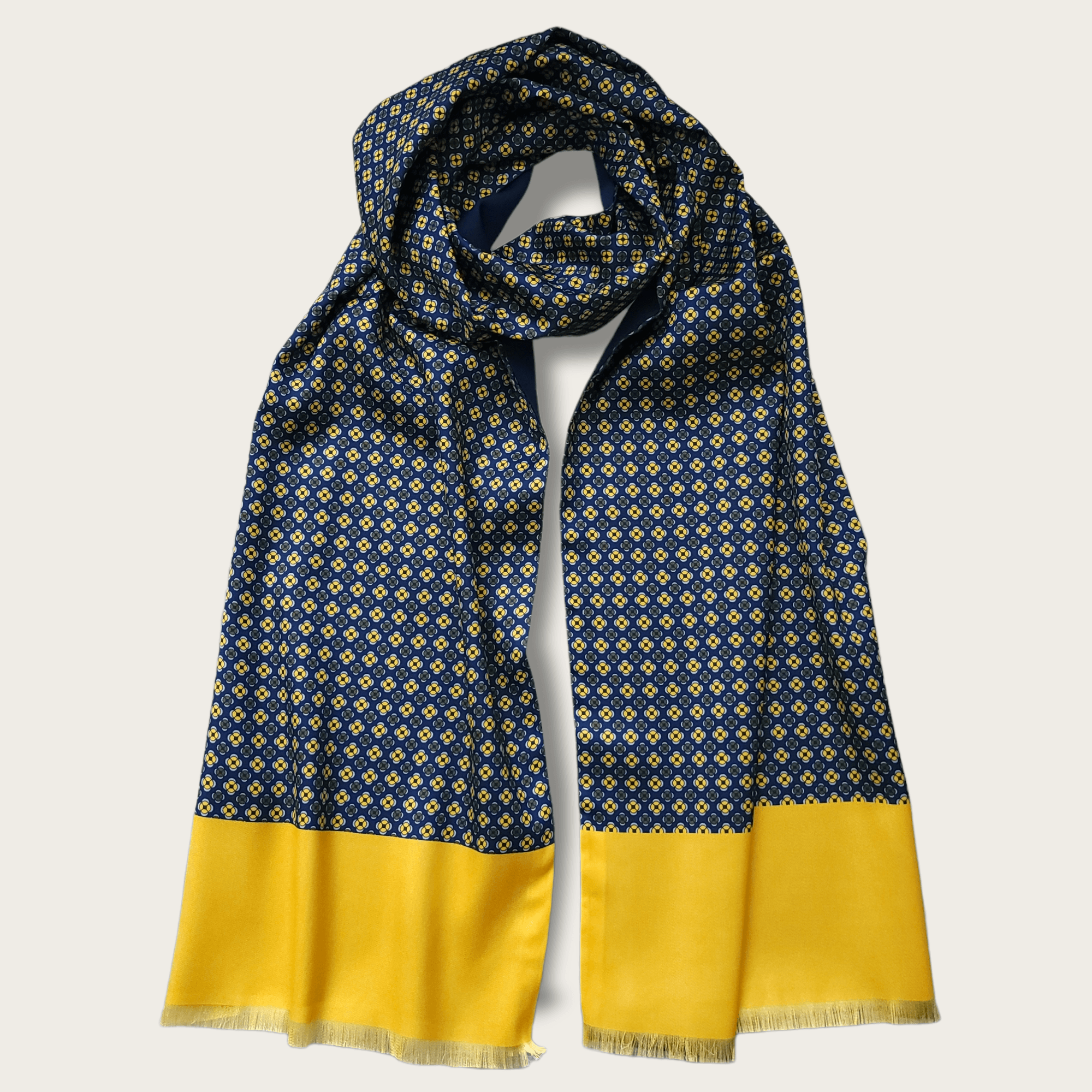 Navy blue shop and yellow scarf
