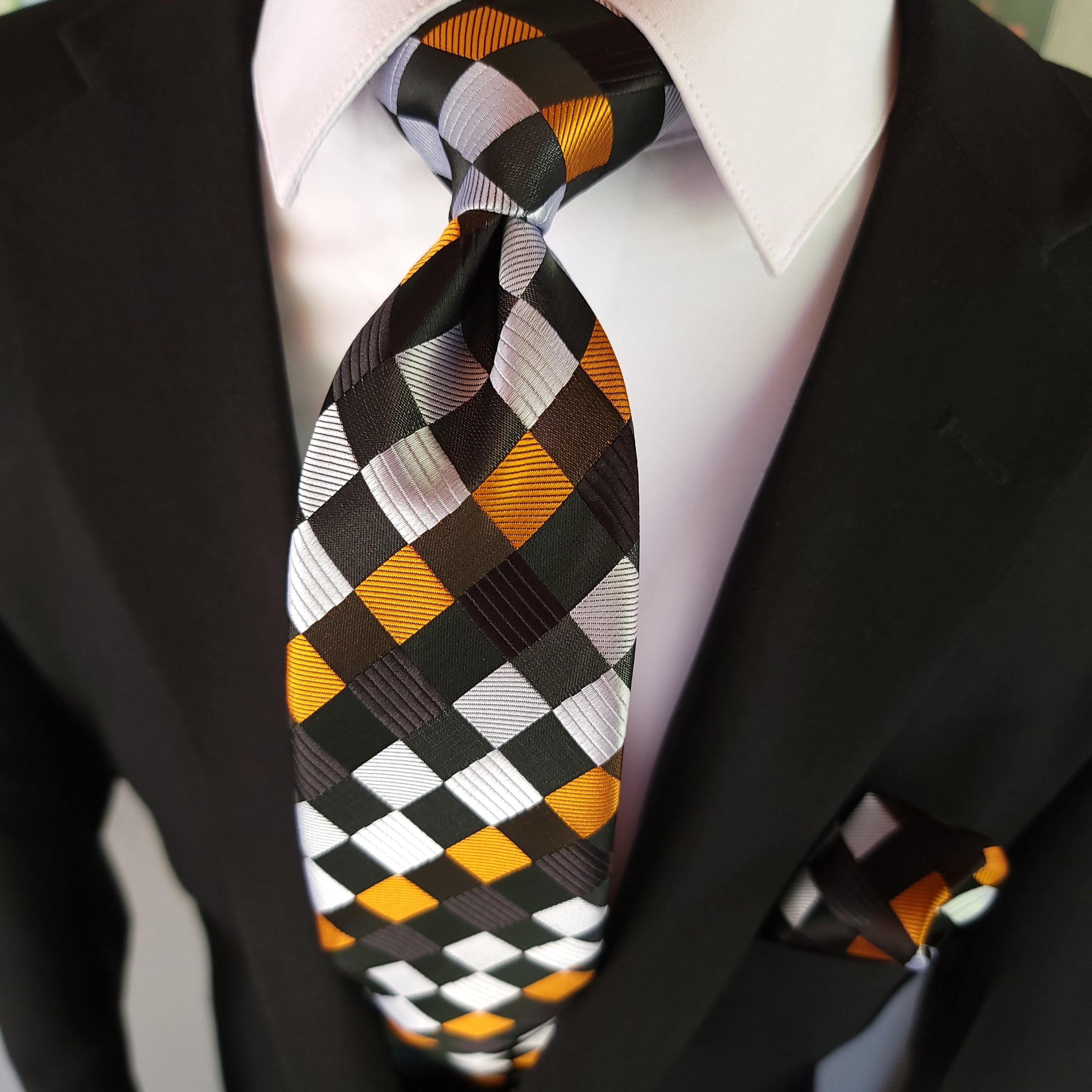 Orange Black White Plaid Silk Tie Pocket Square Cufflink Set - STYLETIE