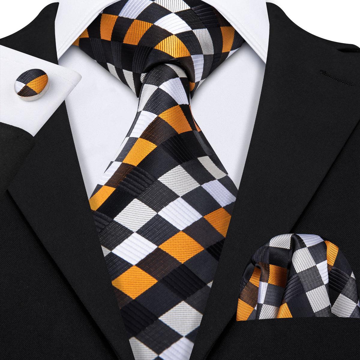 Orange Black White Plaid Silk Tie Pocket Square Cufflink Set - STYLETIE