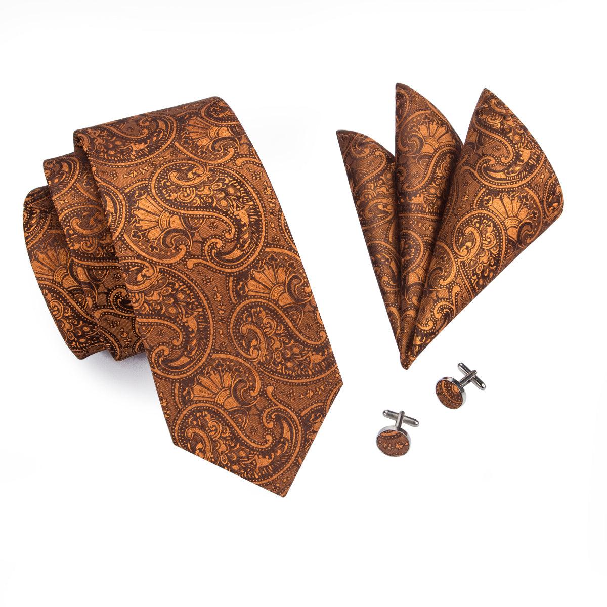 Brown Jacquare Woven Silk Tie Pocket Square Cufflink Set - STYLETIE