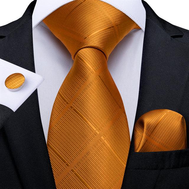 Orange Plaid Silk Tie Pocket Square Cufflink Set - STYLETIE