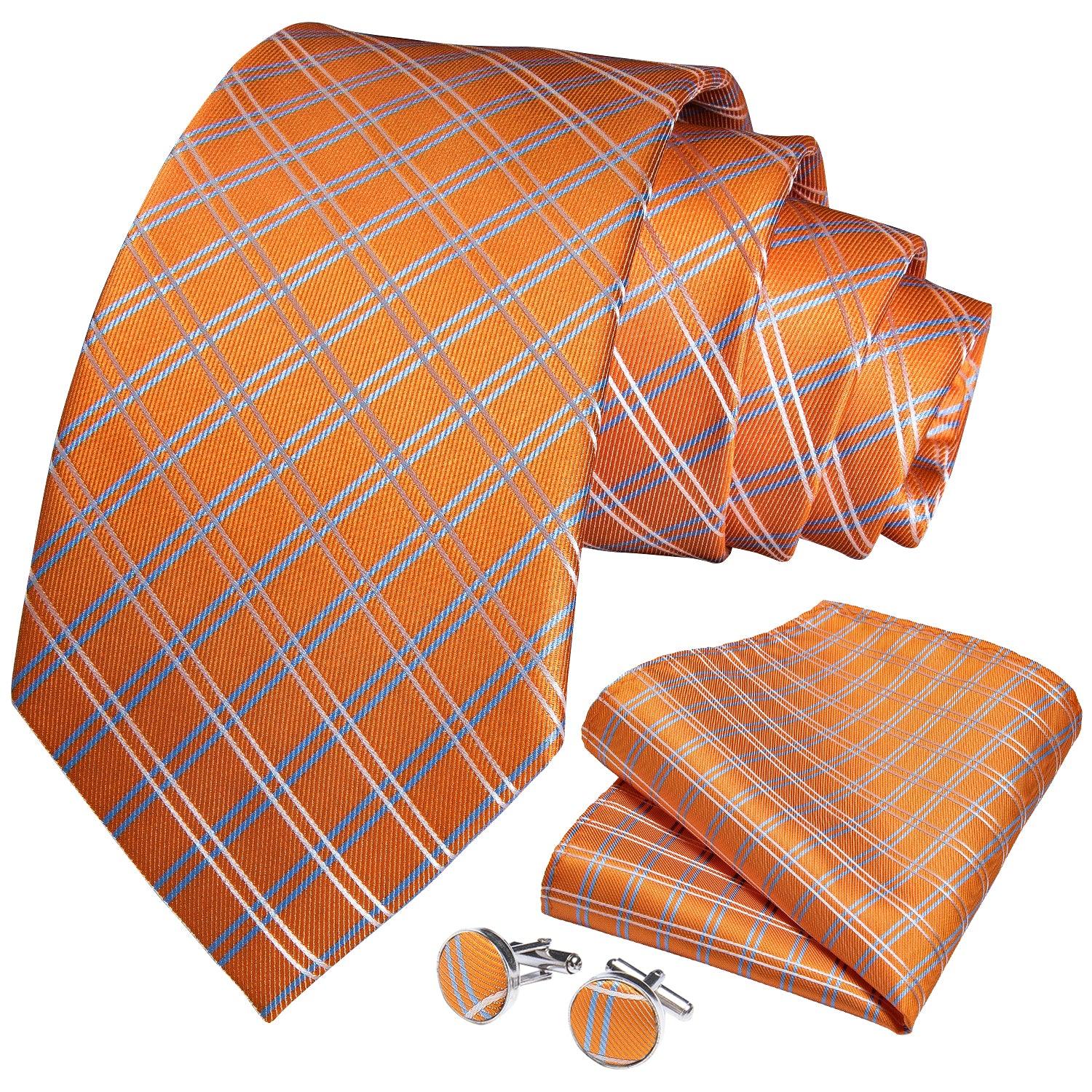 Orange Plaid Striped Silk Tie Pocket Square Cufflink Set - STYLETIE