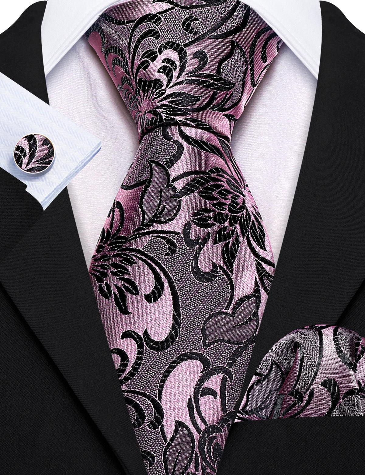 Pink Black Floral Silk Tie Pocket Square Cufflink Set - STYLETIE