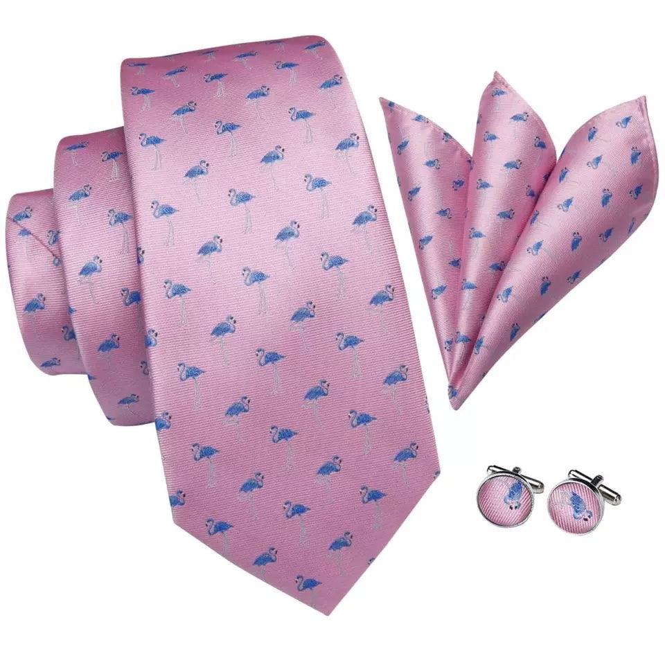 Pink Flamingo Silk Tie Pocket Square Cufflink Set - STYLETIE