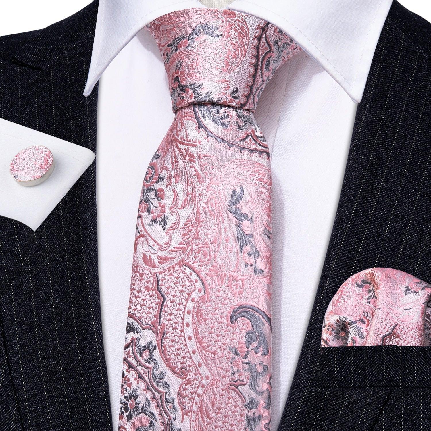 Pink Floral Silk Tie Pocket Square Cufflink Set - STYLETIE