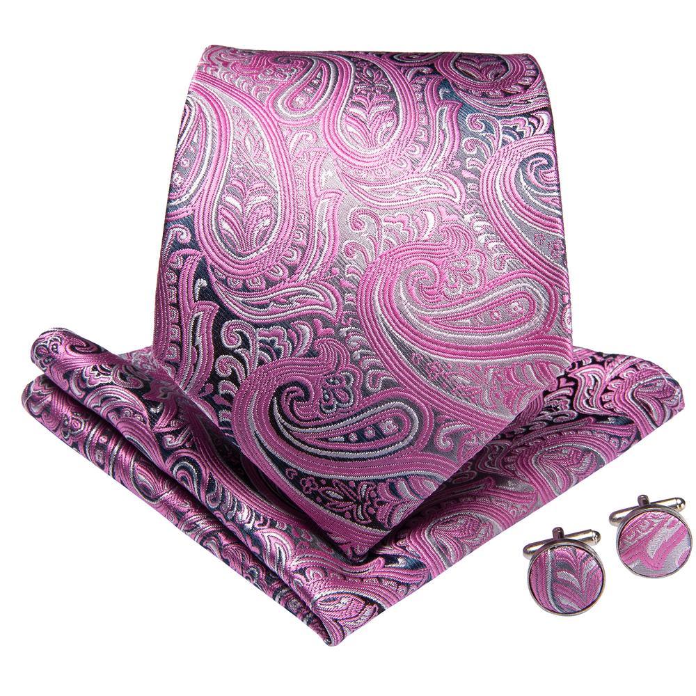 Pink Paisley Silk Tie Pocket Square Cufflinks Set - STYLETIE