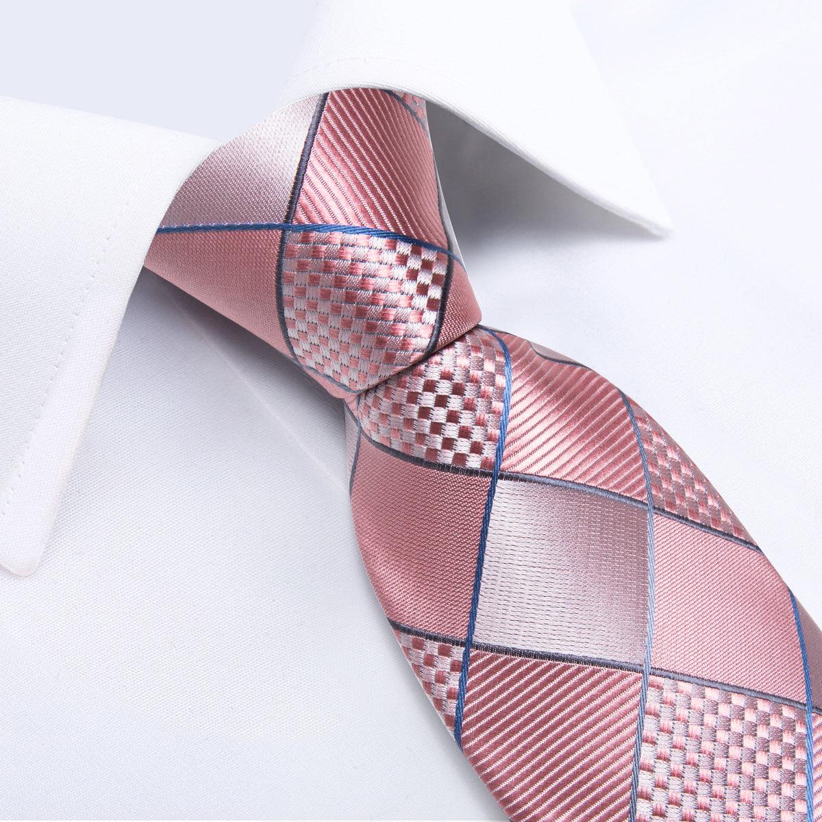 Pink Plaid Silk Tie Pocket Square Cufflink Set - STYLETIE