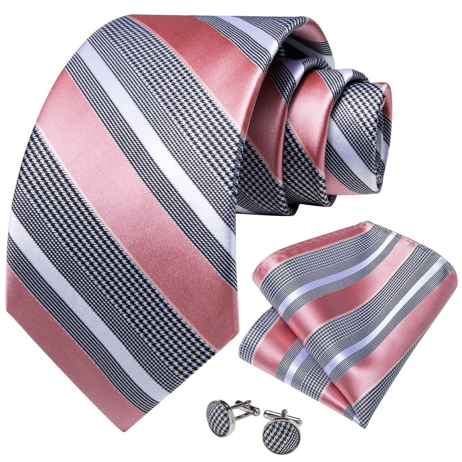 Pink Striped Silk Tie Pocket Square Cufflink Set - STYLETIE